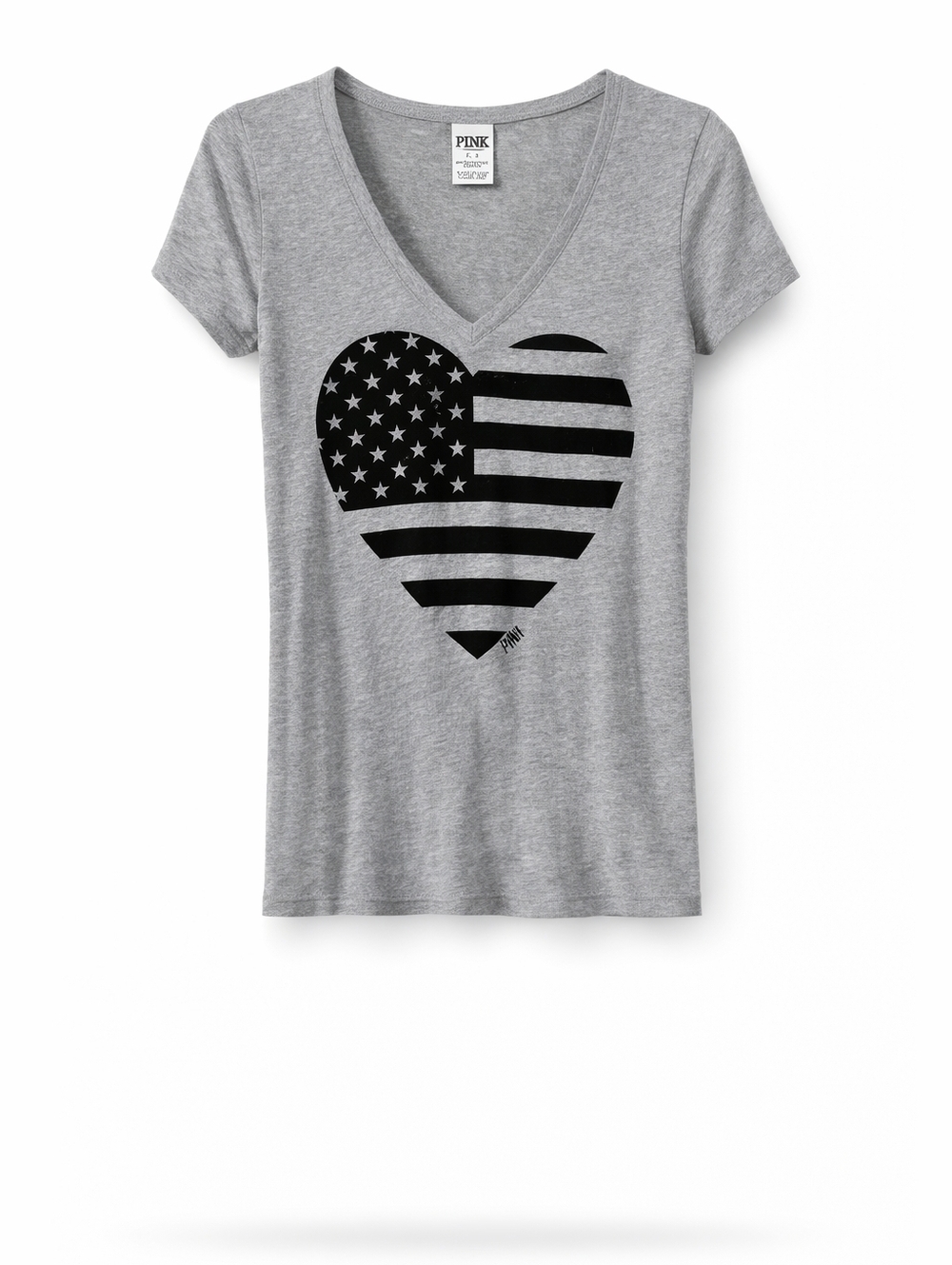 PINK Victorias Secret Gray Flag Heart Tee Womens Small V Neck Graphic Shirt